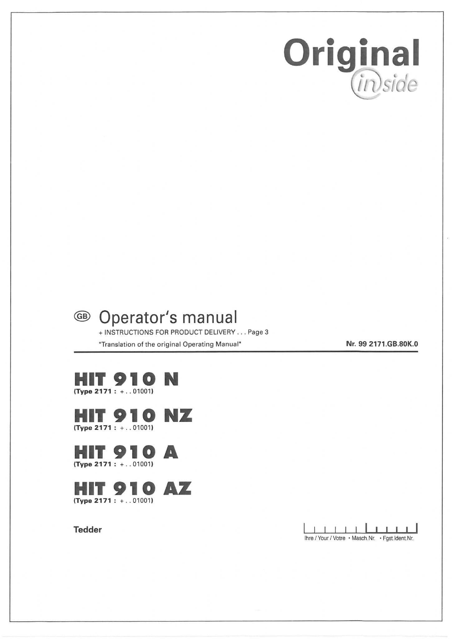 Pottinger Rotary Tedder HIT 910 N, HIT 910 NZ, HIT 910 A, HIT 910 AZ Operators Manual