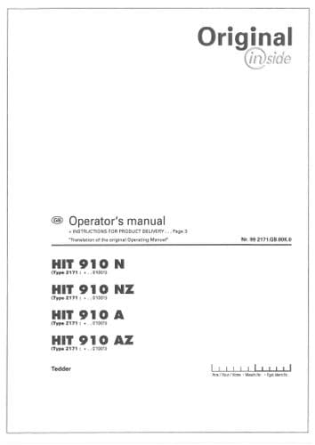 Pottinger Rotary Tedder HIT 910 N, HIT 910 NZ, HIT 910 A, HIT 910 AZ Operators Manual