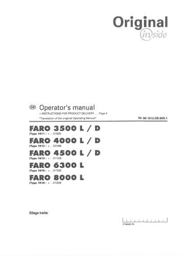 Pottinger Silage Trailer Faro 3500L 3500D 4000L 4000D 4500L 4500D 6300L 8000L  Operators Manual