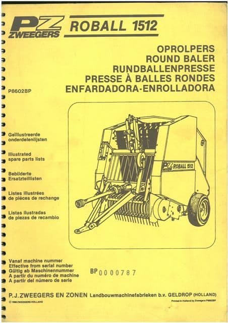 PZ Zweegers Baler Roball 1512 Parts Manual