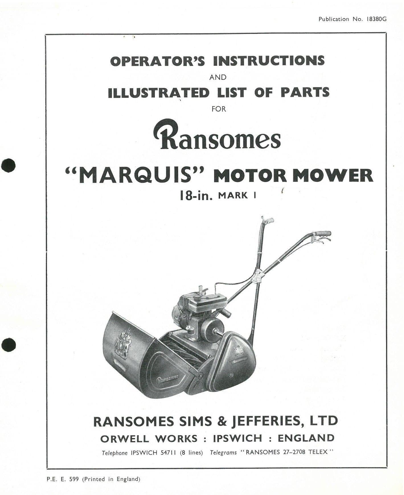 Ransomes 18 in "Marquis" Motor Mower Mark 1 Operators Manual with Parts List Mk1