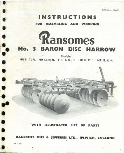 Ransomes 3 Baron Disc Harrow Operators Manual with Parts List