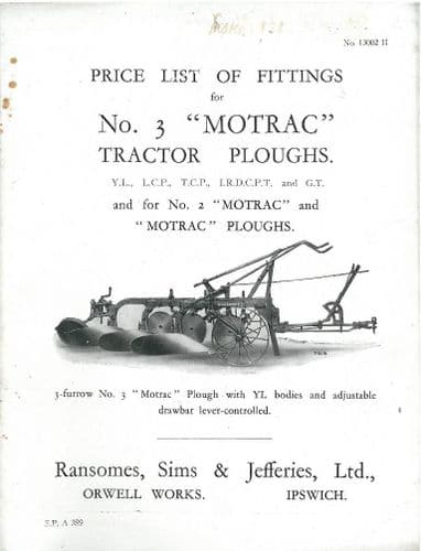 Ransomes 3A & 2 Motrac Tractor Plough Operators Manual with Parts List