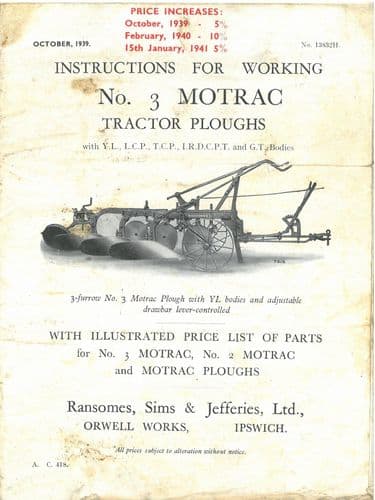 Ransomes 3A & 3 Motrac Tractor Plough Operators Manual with Parts List