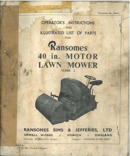 Ransomes 40 in Mower Lawn Mower (mark 2) Operators Manual with Parts List