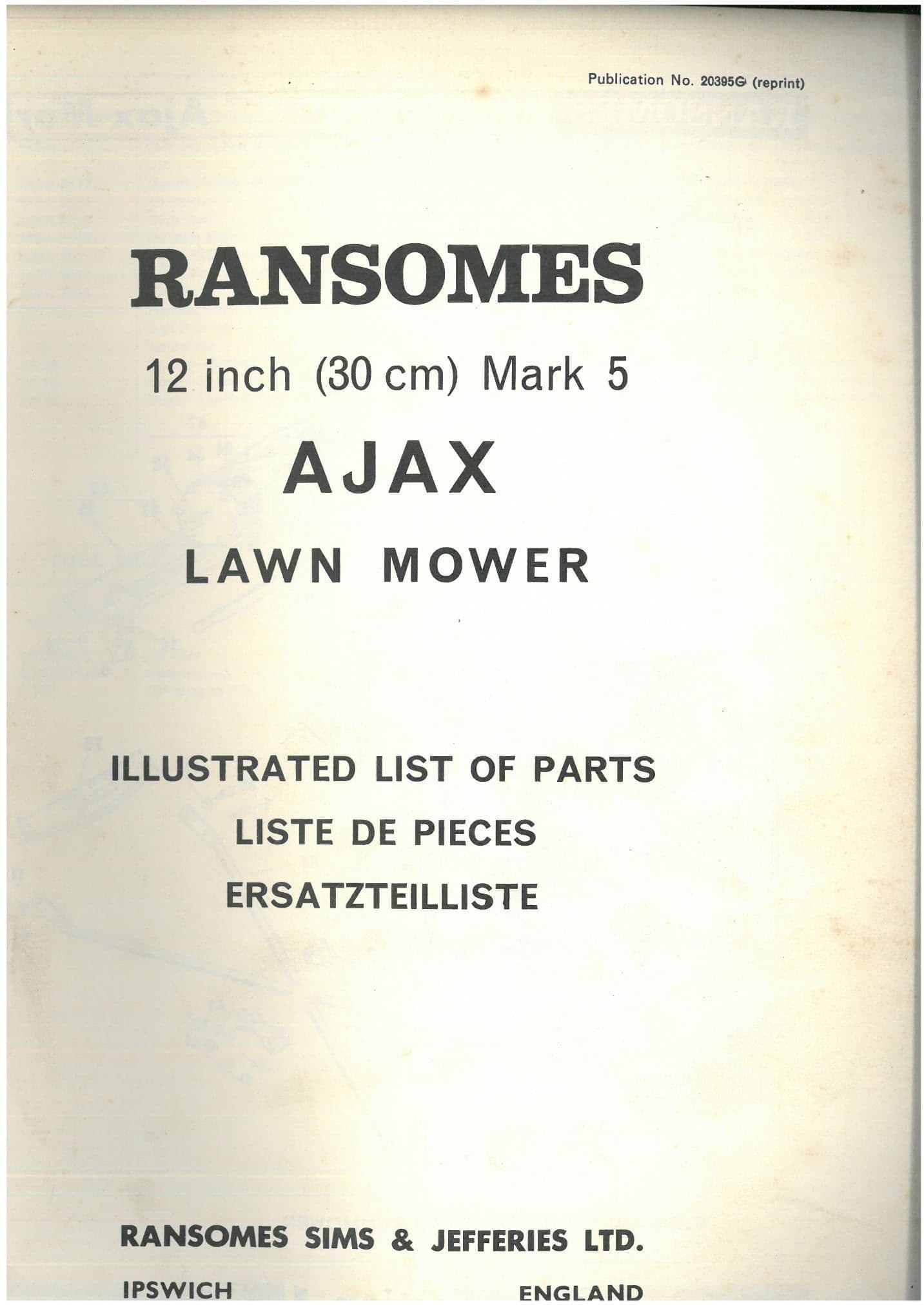 Ransomes Ajax Lawnmower 12" Mark 5 Mk5 Mower Parts Manual
