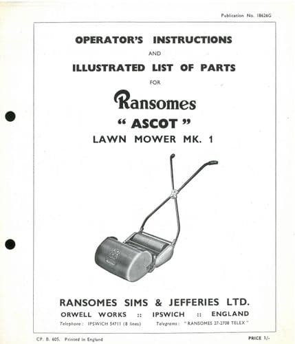 Ransomes Ascot Mower Lawnmower (mark 1) Operators Manual with Parts List