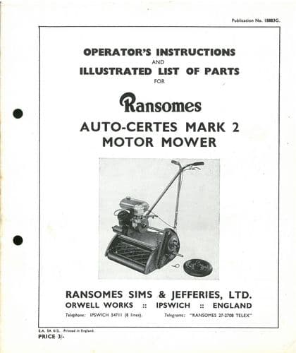 Ransomes Auto-Certes Motor Mower Lawnmower (mark 2) Operators Manual with Parts List