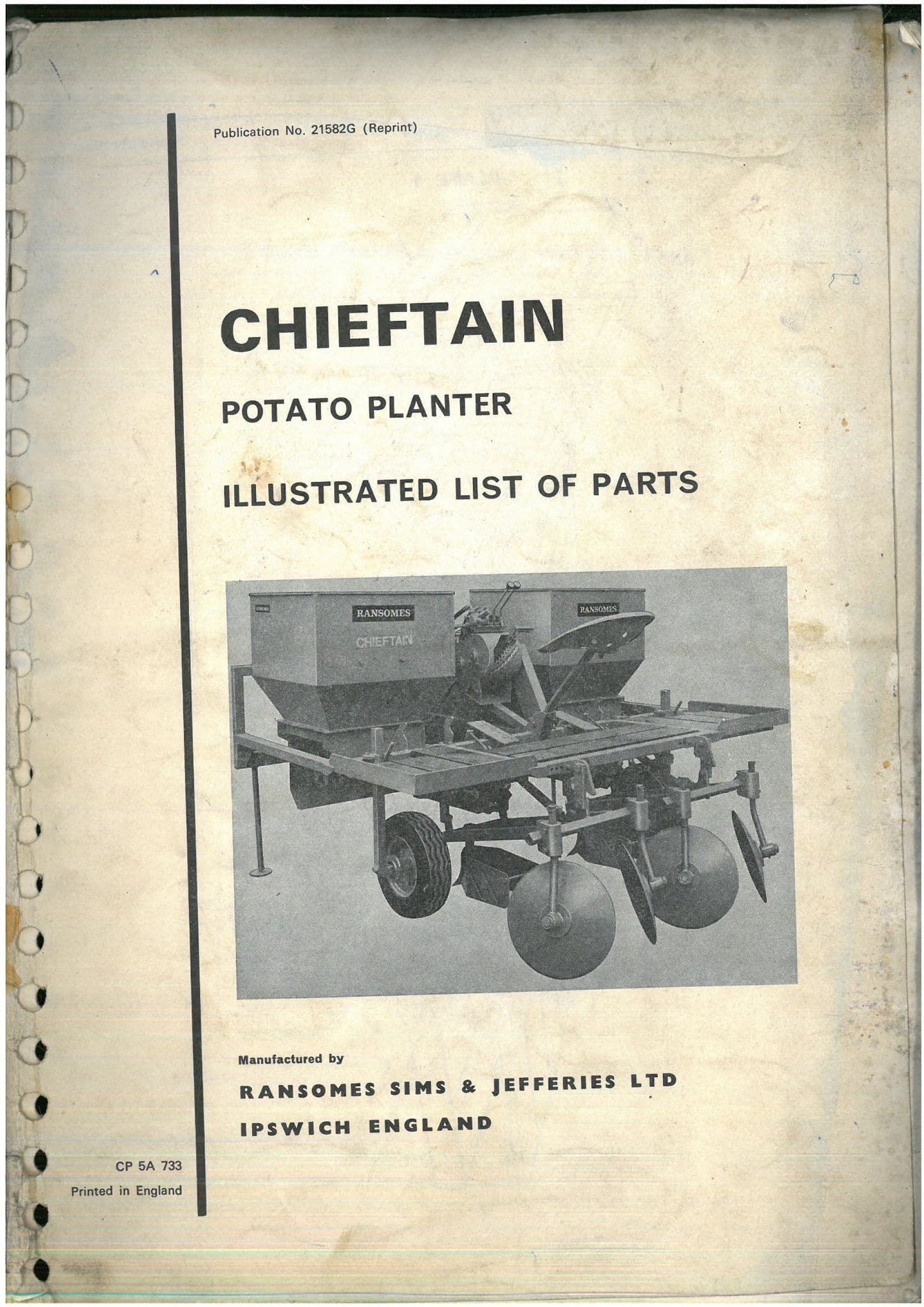 Ransomes Chieftain Potato Planter Parts Manual