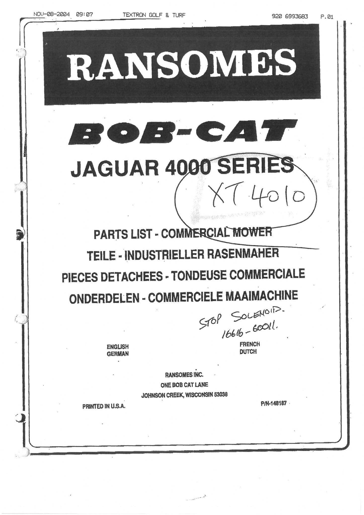 Ransomes Commercial Mower XT4010 Parts Manual