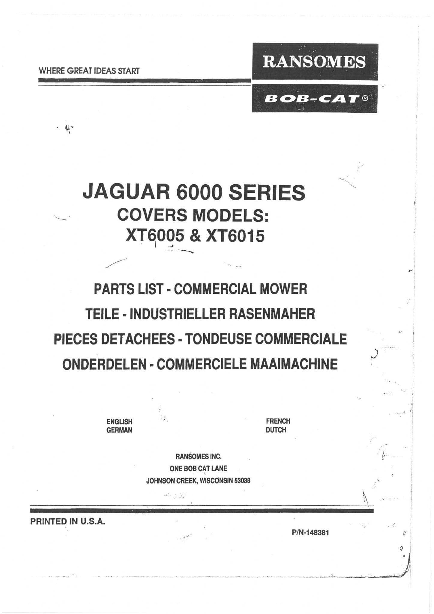 Ransomes Commercial Mower XT6005 & XT6015 Parts Manual