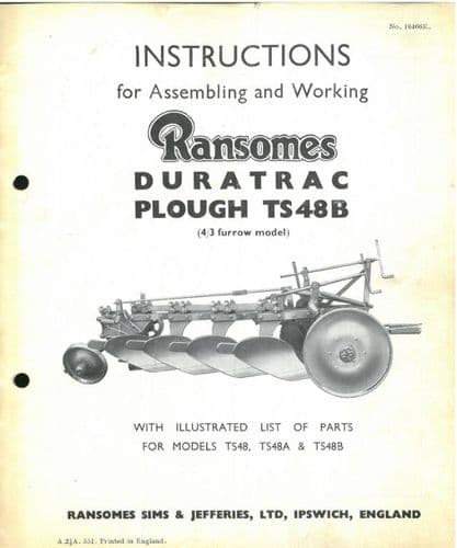 Ransomes Duratrac TS48B Trailed Plough Operating Manual with Illustrated Parts List - TS48 B