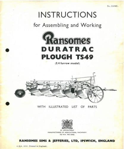 Ransomes Duratrac TS49 Trailed Plough Operating Manual with Illustrated Parts List