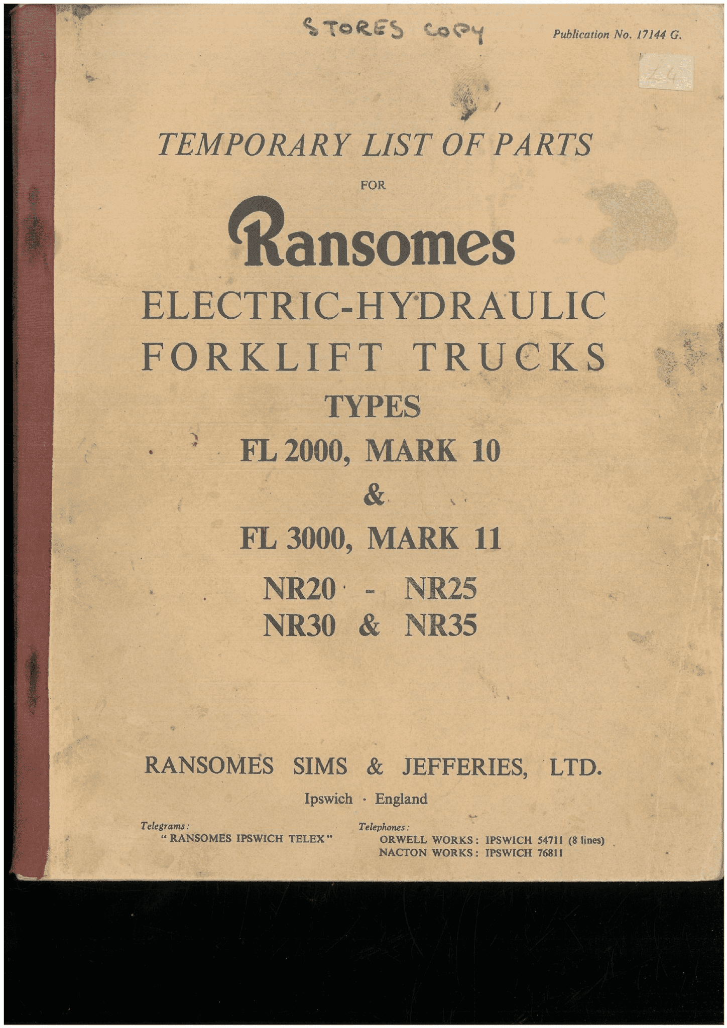 Ransomes Fork Lift FL2000 FL3000 NR20 - NR25 NR30 NR35  Temporary Parts list Manual