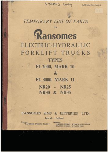 Ransomes Fork Lift FL2000 FL3000 NR20 - NR25 NR30 NR35  Temporary Parts list Manual