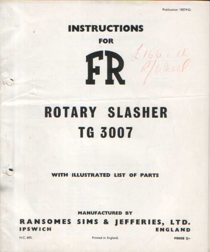 Ransomes FR TG3007 Rotary Slasher Operators Manual with Parts List