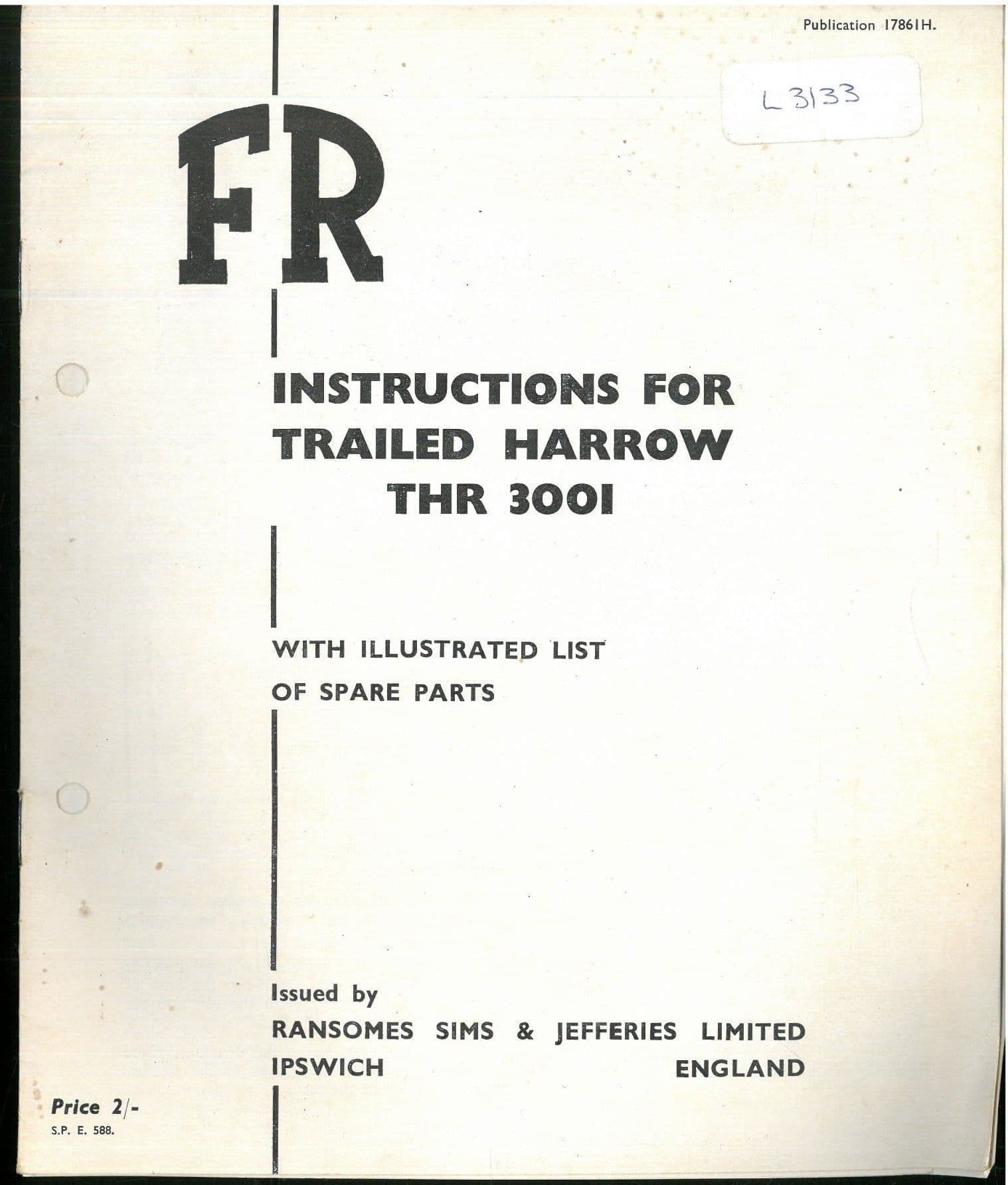 Ransomes FR Trailed Harrow THR 3001 Operators Manual & Parts List