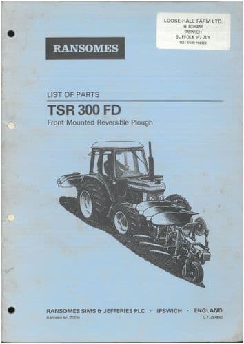 Ransomes Front Mounted Reversible Plough TSR 300 FD Parts Manual - TSR300FD