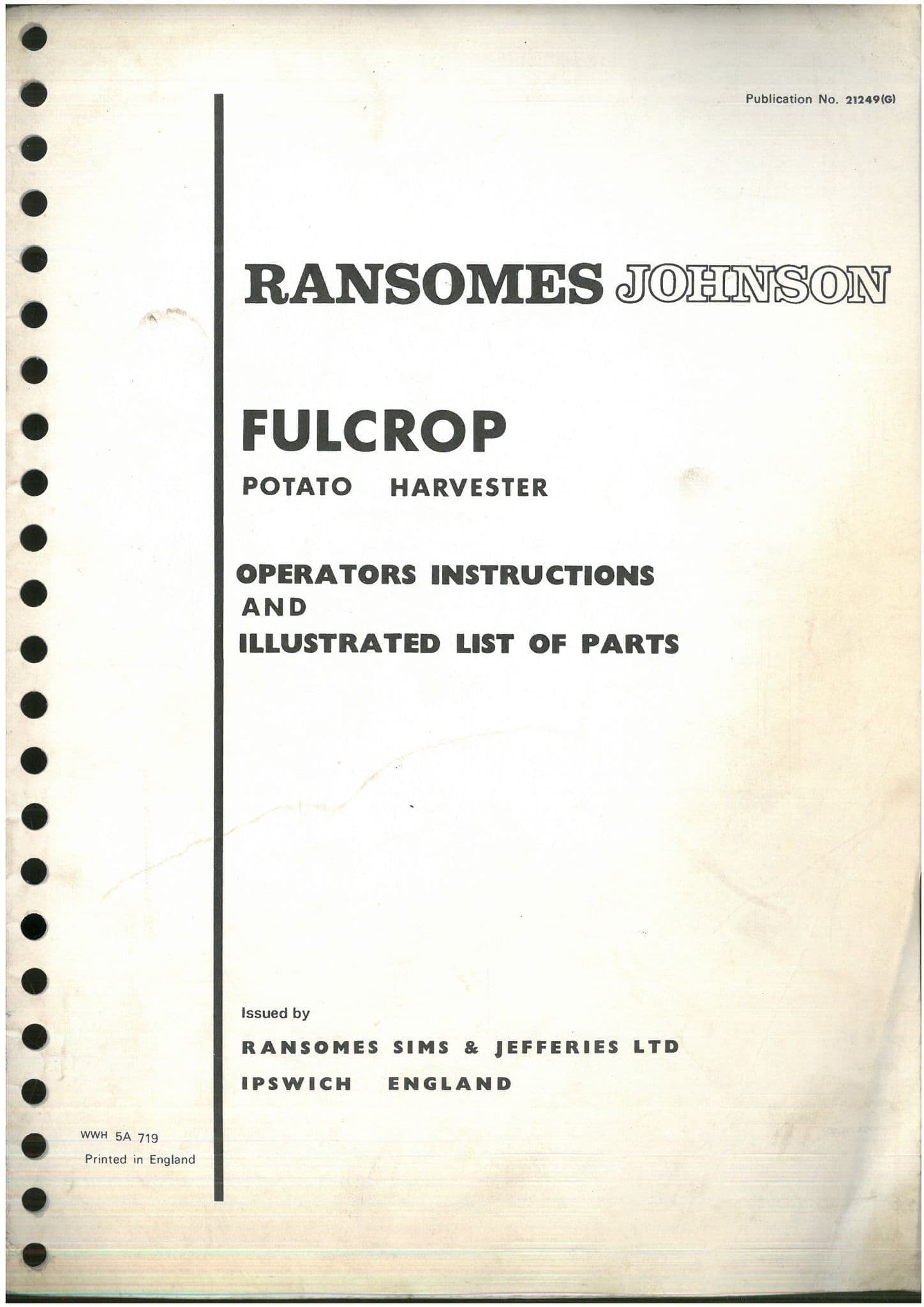 Ransomes Fulcrop Potato Harvester Operators Manual Including Parts List