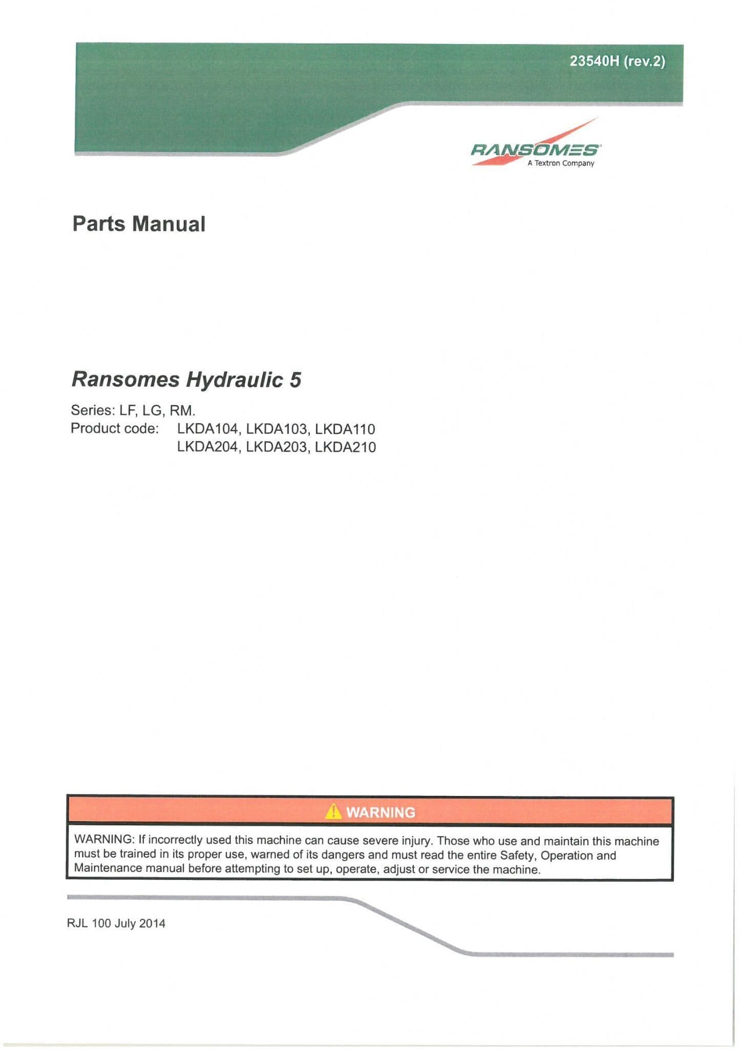 Ransomes  Gang Mower - Hydraulic 5  Parts Manual