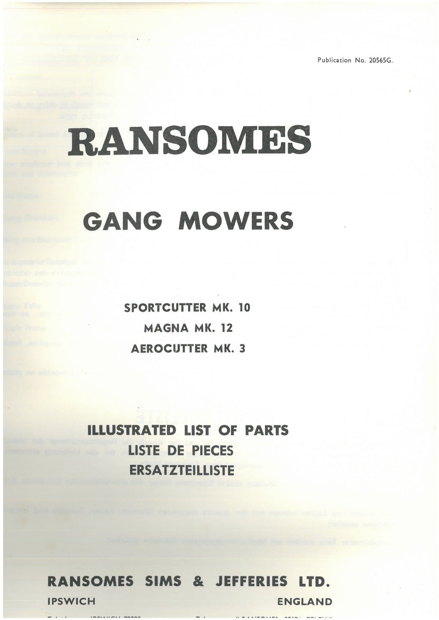 Ransomes  Gang Mower Sportcutter Mark 10 Mk10 , Magna Mark 12 Mk12, Aerocutter Mk3 Parts Manual