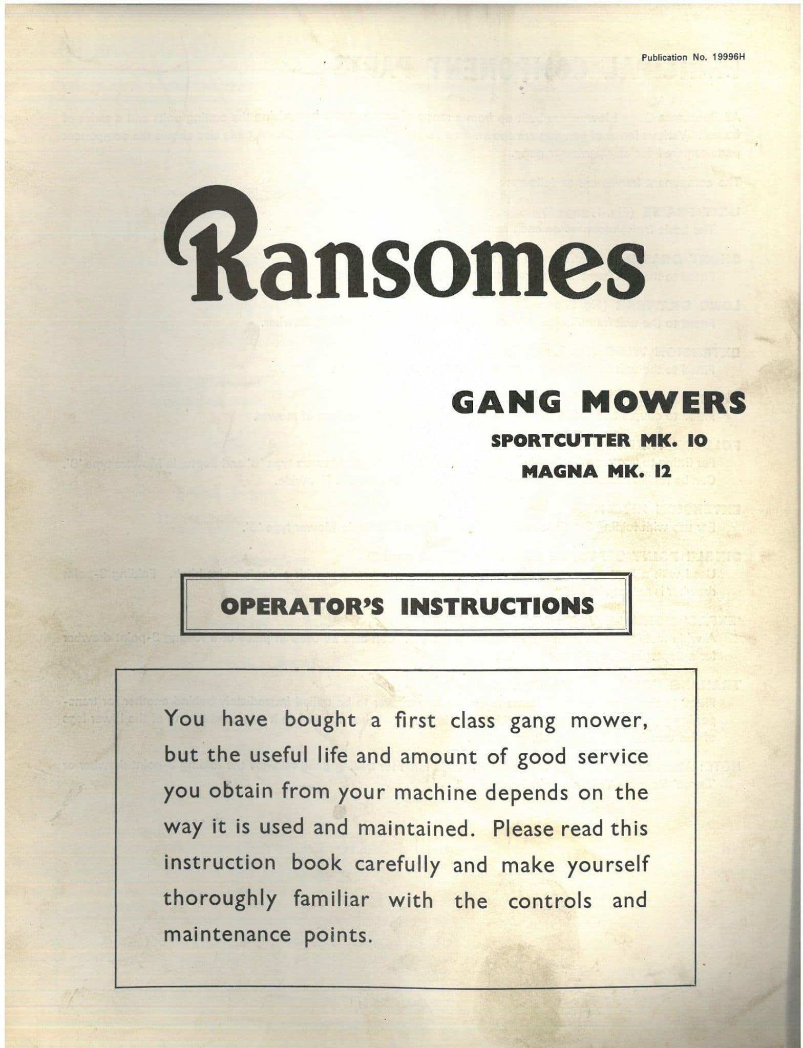 Ransomes  Gang Mower Sportcutter Mark 10 Mk10 & Magna Mark 12 Mk12 Operators Manual