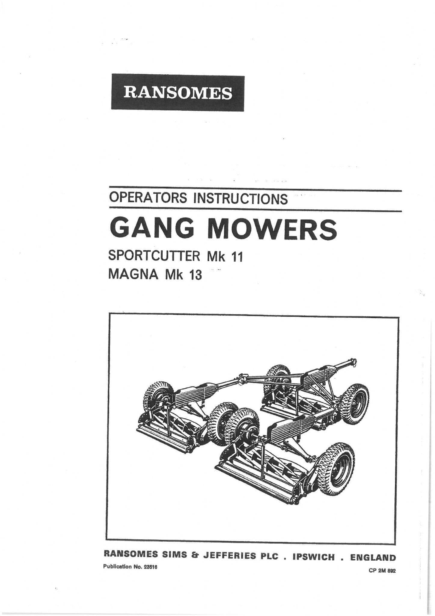 Ransomes Gang Mower Sportcutter Mk 11 Magna Mk 13 Operators Manual