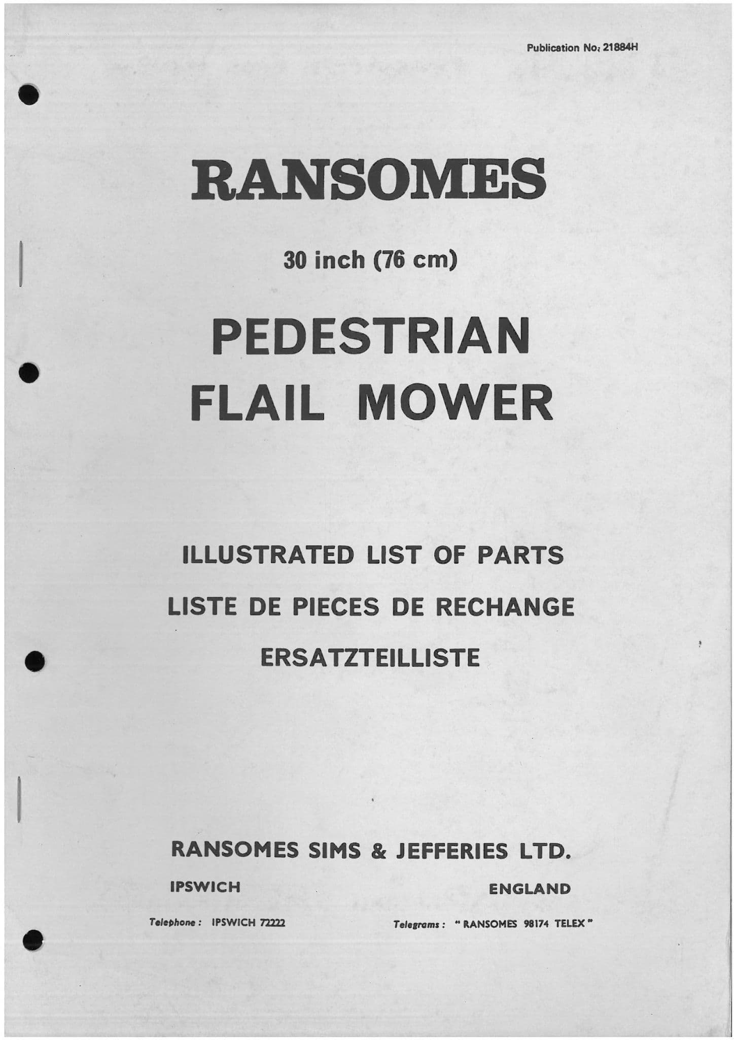 Ransomes Grass Cutting Machine 30 Inch (76cm) Pedestrian Flail Mower Parts Manual