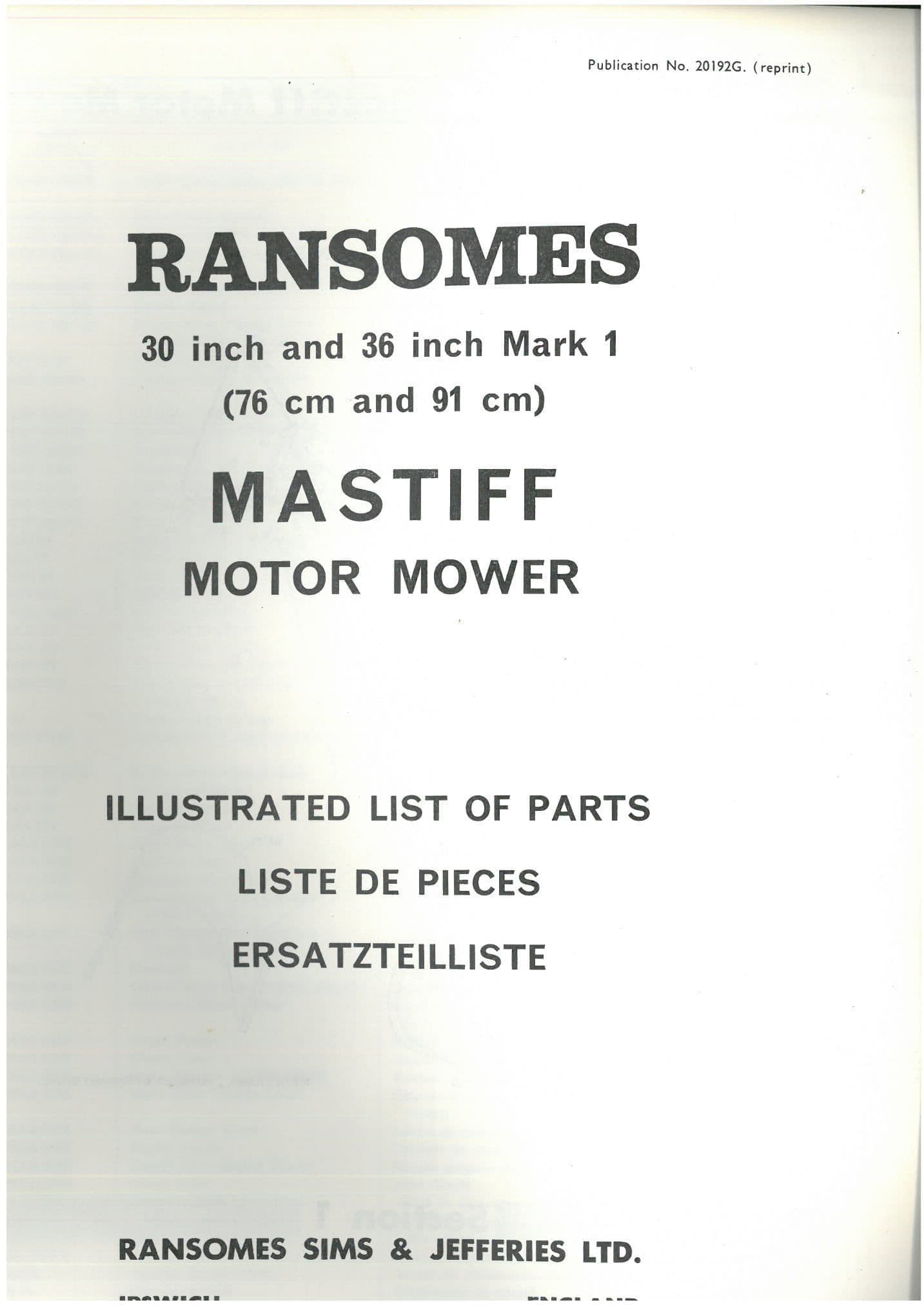 Ransomes Grass Cutting Machine Mastiff 30" & 36" Mark 1 Mk1 Mower Parts Manual