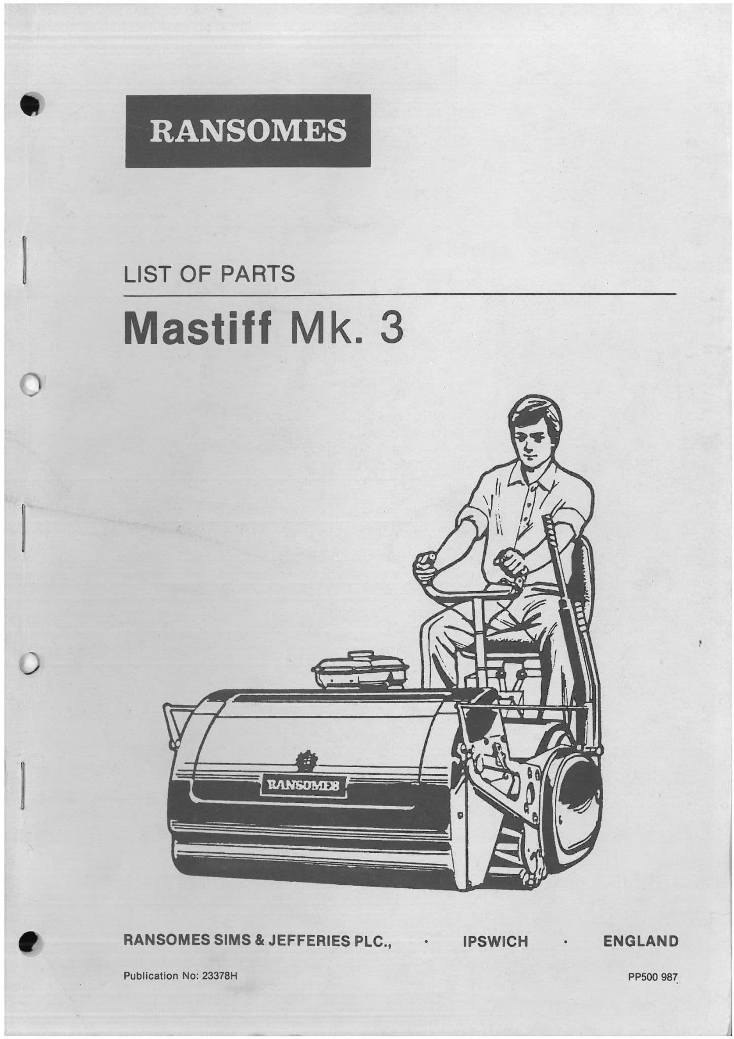 Ransomes Grass Cutting Machine Mastiff Mk3 Mower Parts Manual