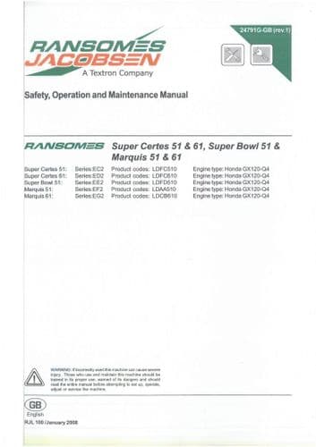 Ransomes Grass Cutting Machine Super Certes, Super Bowl, Marquis 51 & 61 Operators Manual