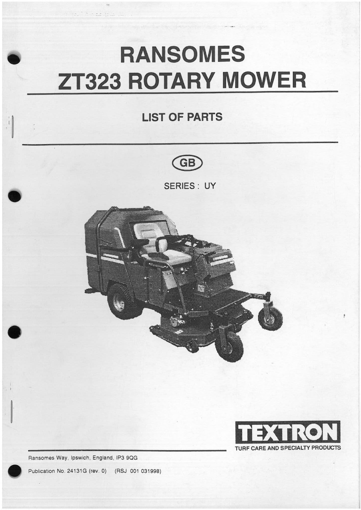 Ransomes Grass Cutting Machine ZT323 Rotary Mower Parts Manual - Textron