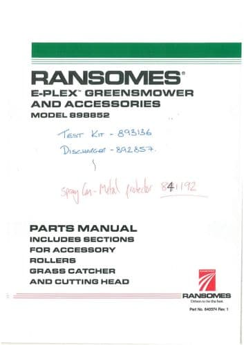Ransomes Greens Mower E Plex Model 898852 Parts Manual
