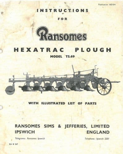 Ransomes Hexatrac Plough TS69 Operators Manual with Parts List TS 69