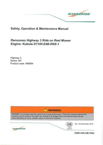 Ransomes Highway 3 Ride On Reel Mower Engine Operators Manual