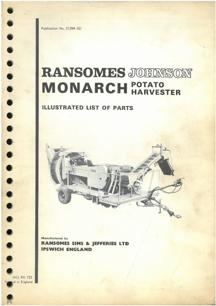 Ransomes Johnson Monarch Potato Harvester Fully Illustrated Parts Manual