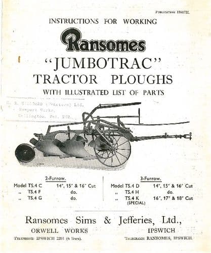 Ransomes Jumbotrac Tractor Ploughs Operators and Parts List Manual