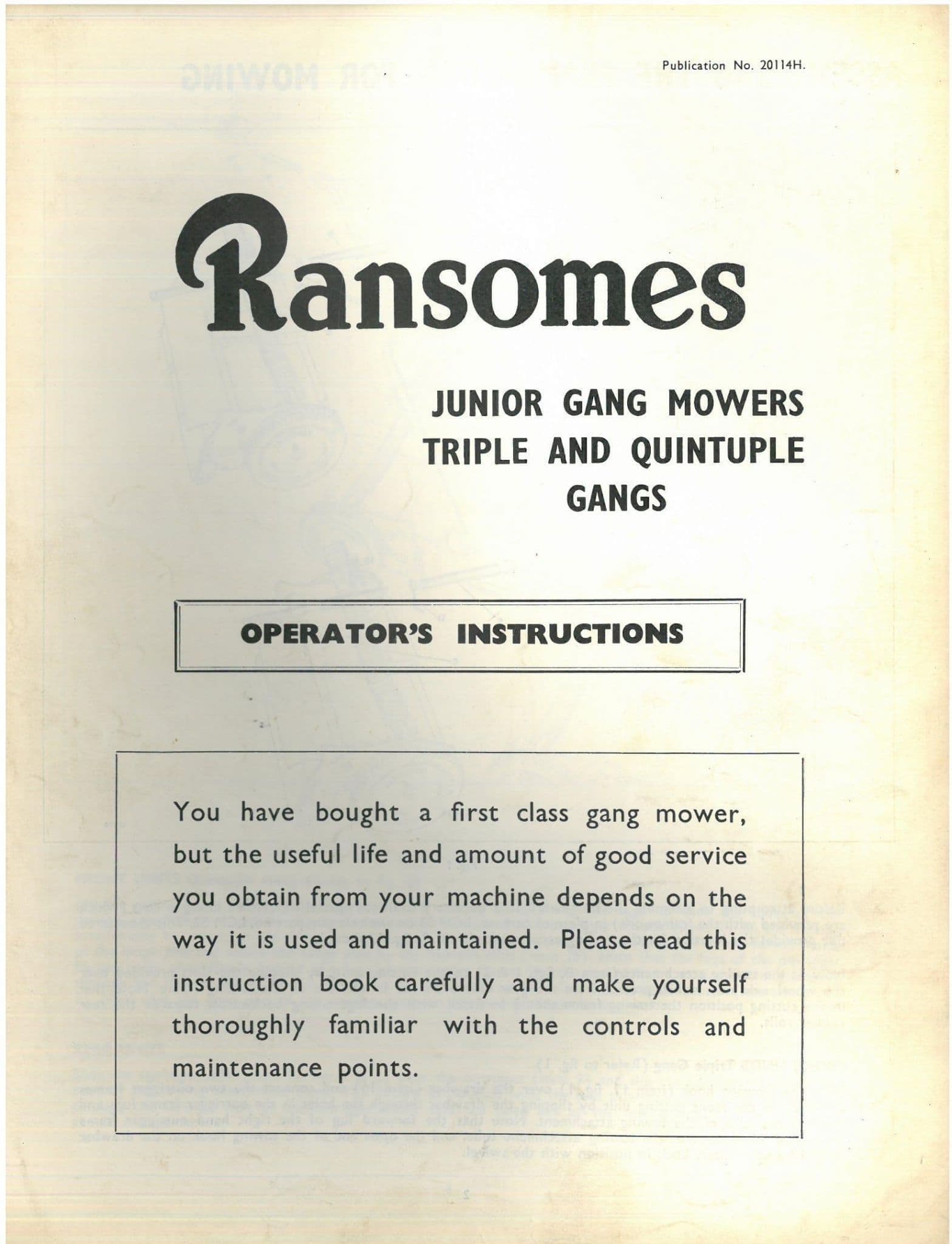Ransomes Junior Gang Mower Triple & Quintuple Gangs Operators Manual