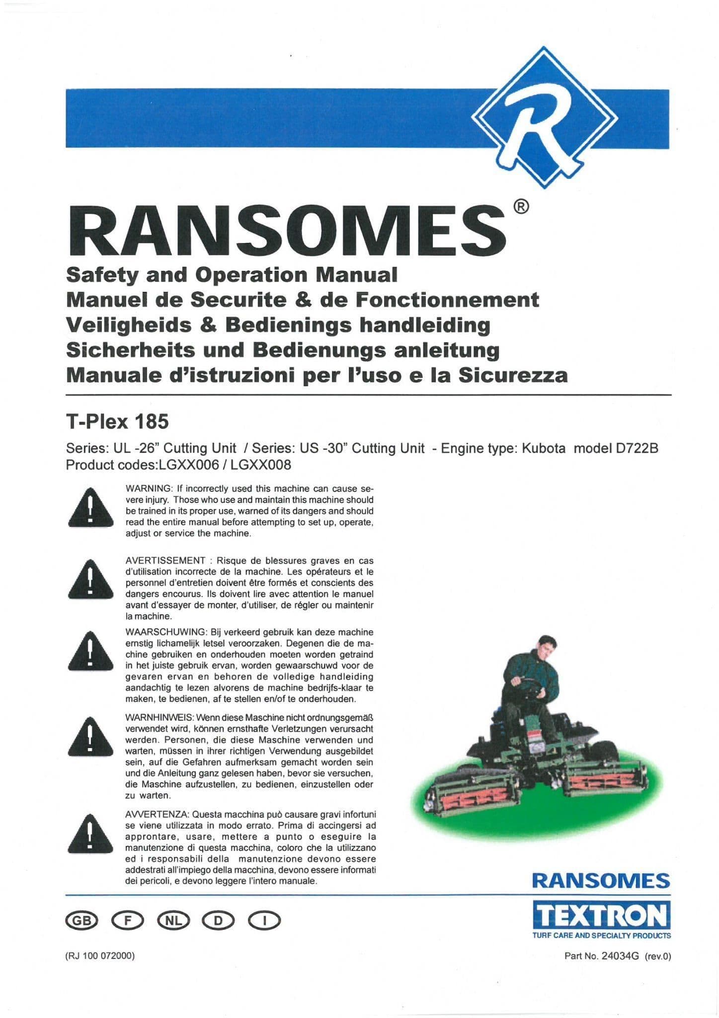 Ransomes Lawn Gang Mower T-Plex 185 Operators Manual