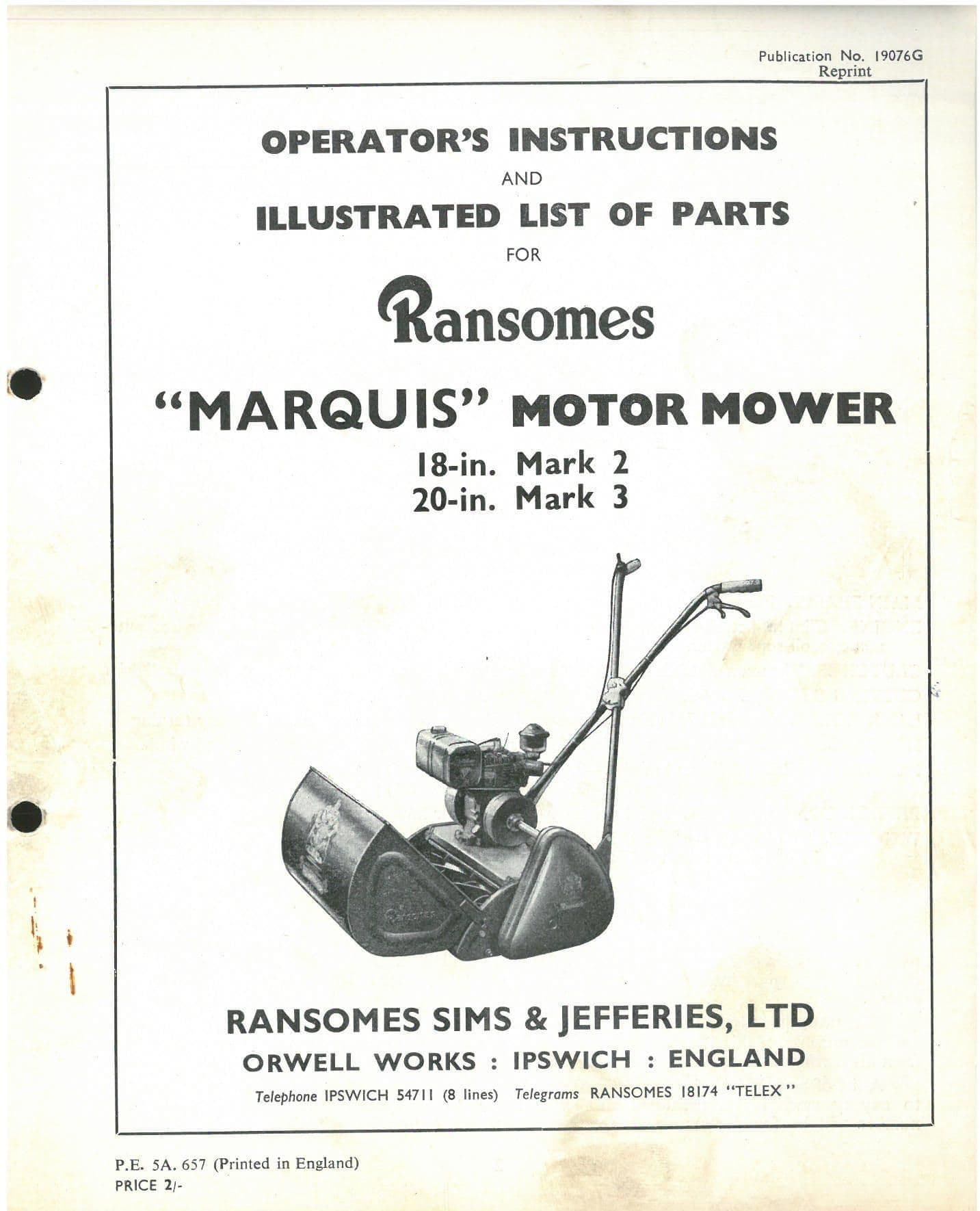 Ransomes "Marquis" Motor Mower 18" Mark 2 Mk2 & 20" Mark 3 Mk3 Operators Manual with Parts List