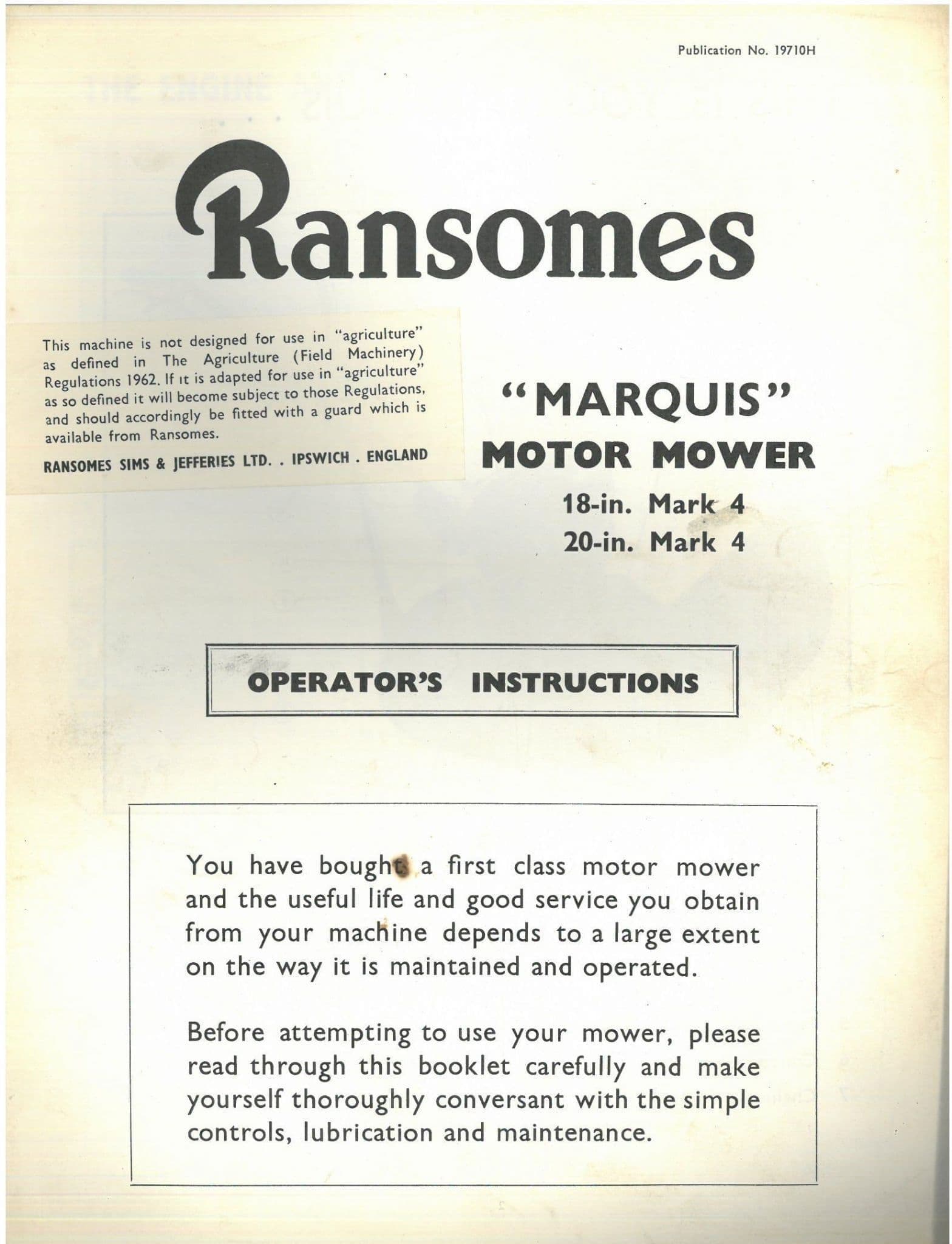 Ransomes "Marquis" Motor Mower 18" Mark 4 Mk4 & 20" Mark 4 Mk4 Operators Manual