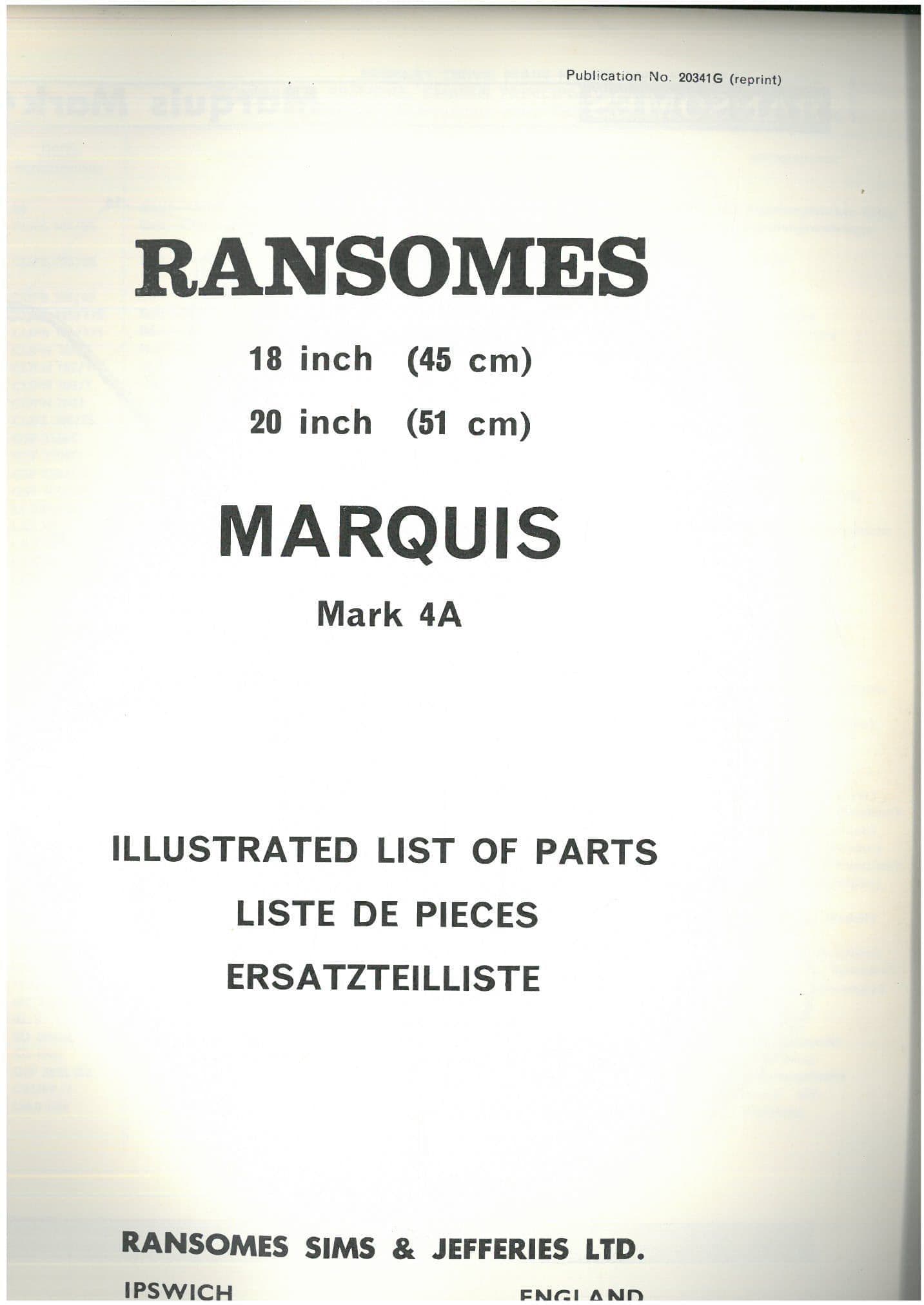 Ransomes "Marquis" Motor Mower 18" Mark 4a Mk4a & 20" Mark 4a Mk4a Parts Manual