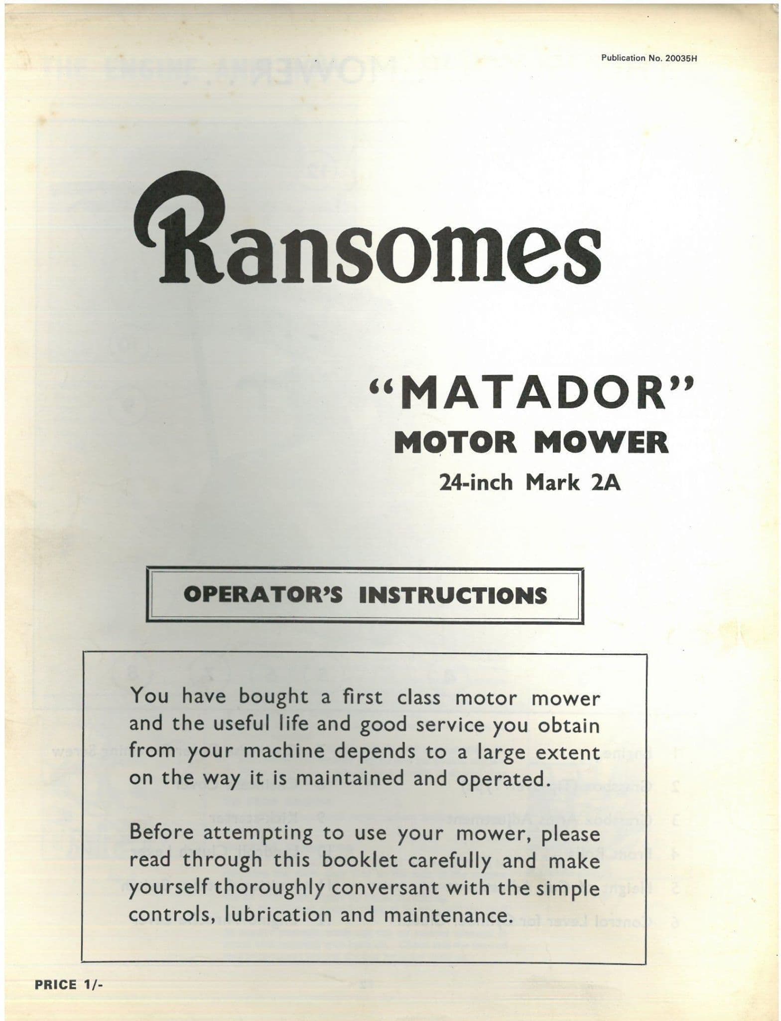 Ransomes  Matador Motor Mower 24" Mark 2A Mk2A Operators Manual