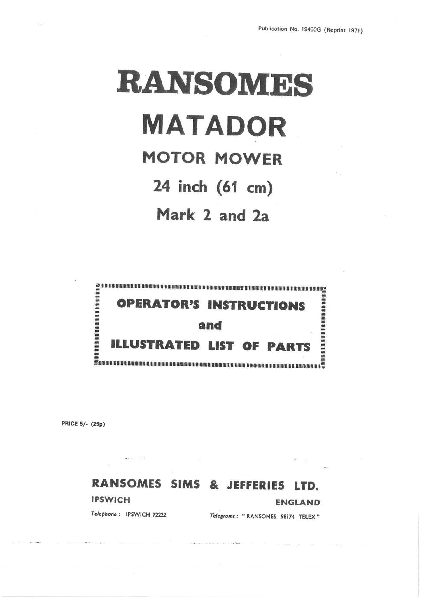 Ransomes  Matador Motor Mower 24" MK 2 & 2A Operators Manual - Mark 2 2A