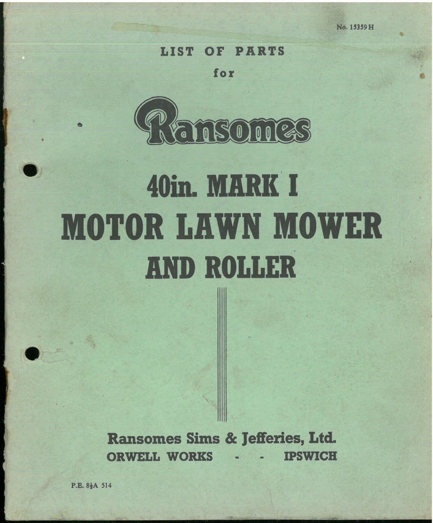 Ransomes Motor Lawn Mower & Roller 40in Mk 1 Parts Manual