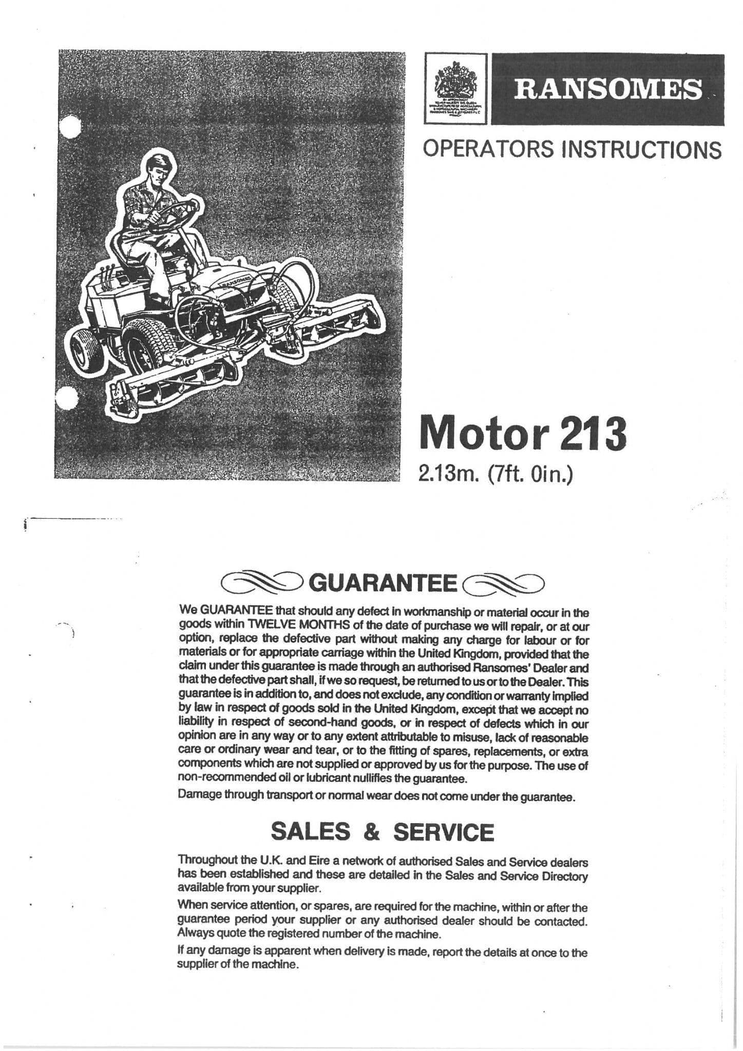 Ransomes Motor Mower 213 Operators Manual