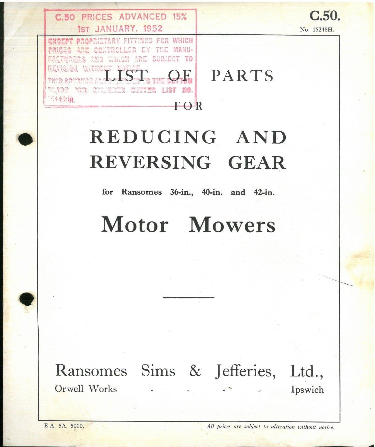 Ransomes Motor Mowers Reducing & Reversing Gear 36 40 42in Parts Manual