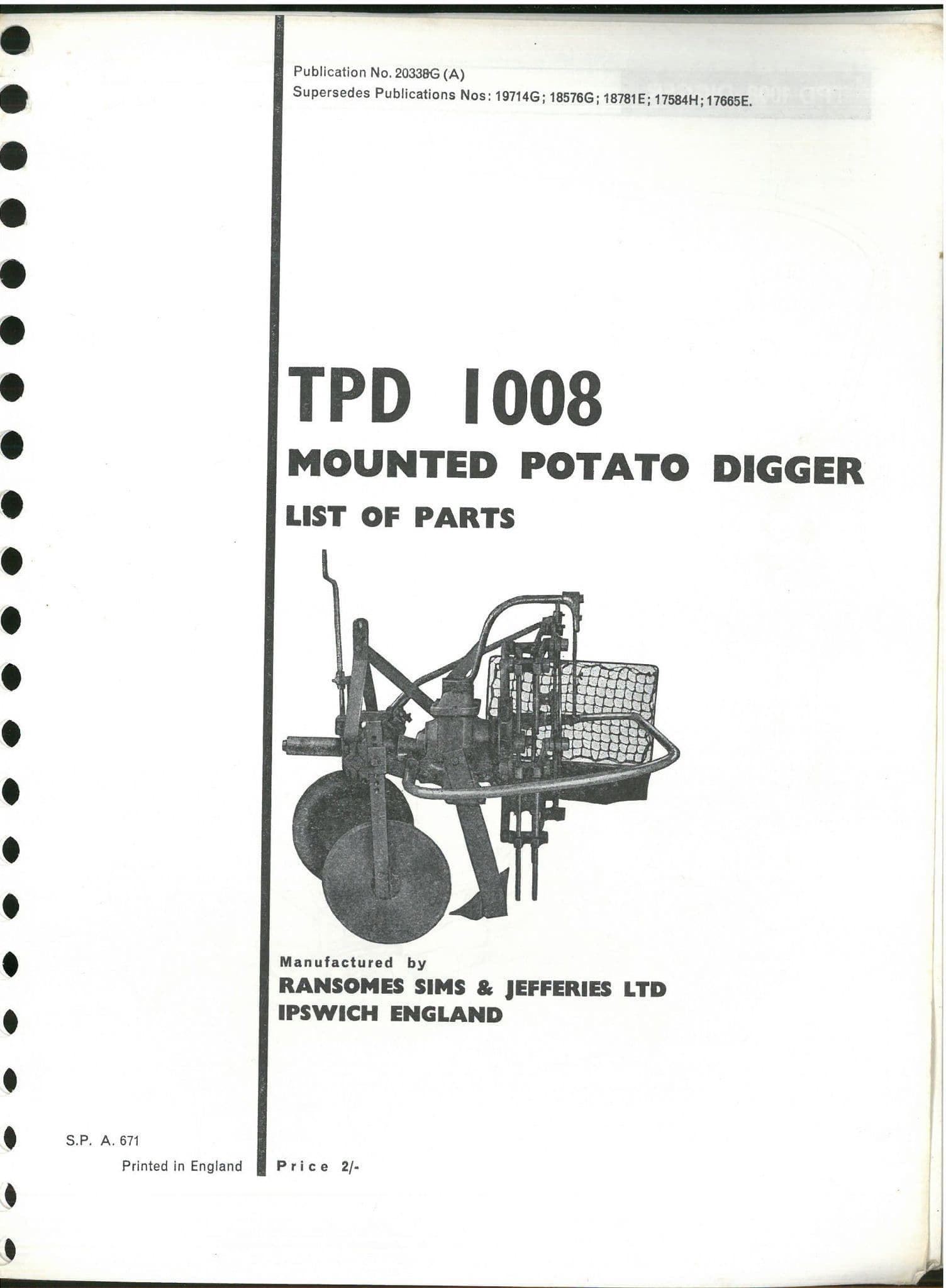 Ransomes Mounted Potato Digger TPD 1008  Parts Manual - TPD1008