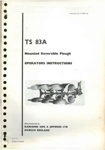 Ransomes Mounted Reversible Plough TS 83A Operators and Parts List Manual - TS83A TS 83 A