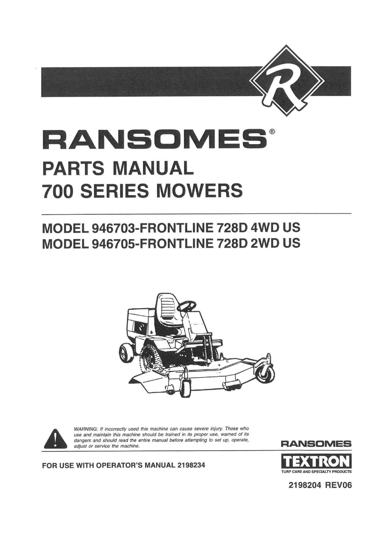 Ransomes  Mower 700 Series - Model 946703 946705 Frontline Parts Manual